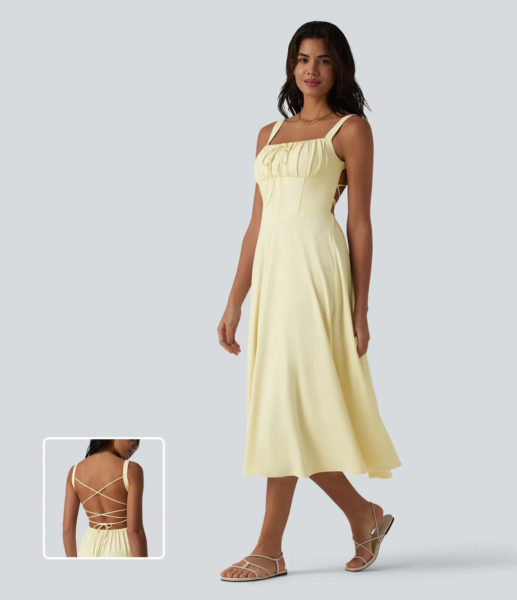 Vestido midi sin mangas, fruncido, con escote cuadrado, sostén integrado y diseño de espalda cruzada