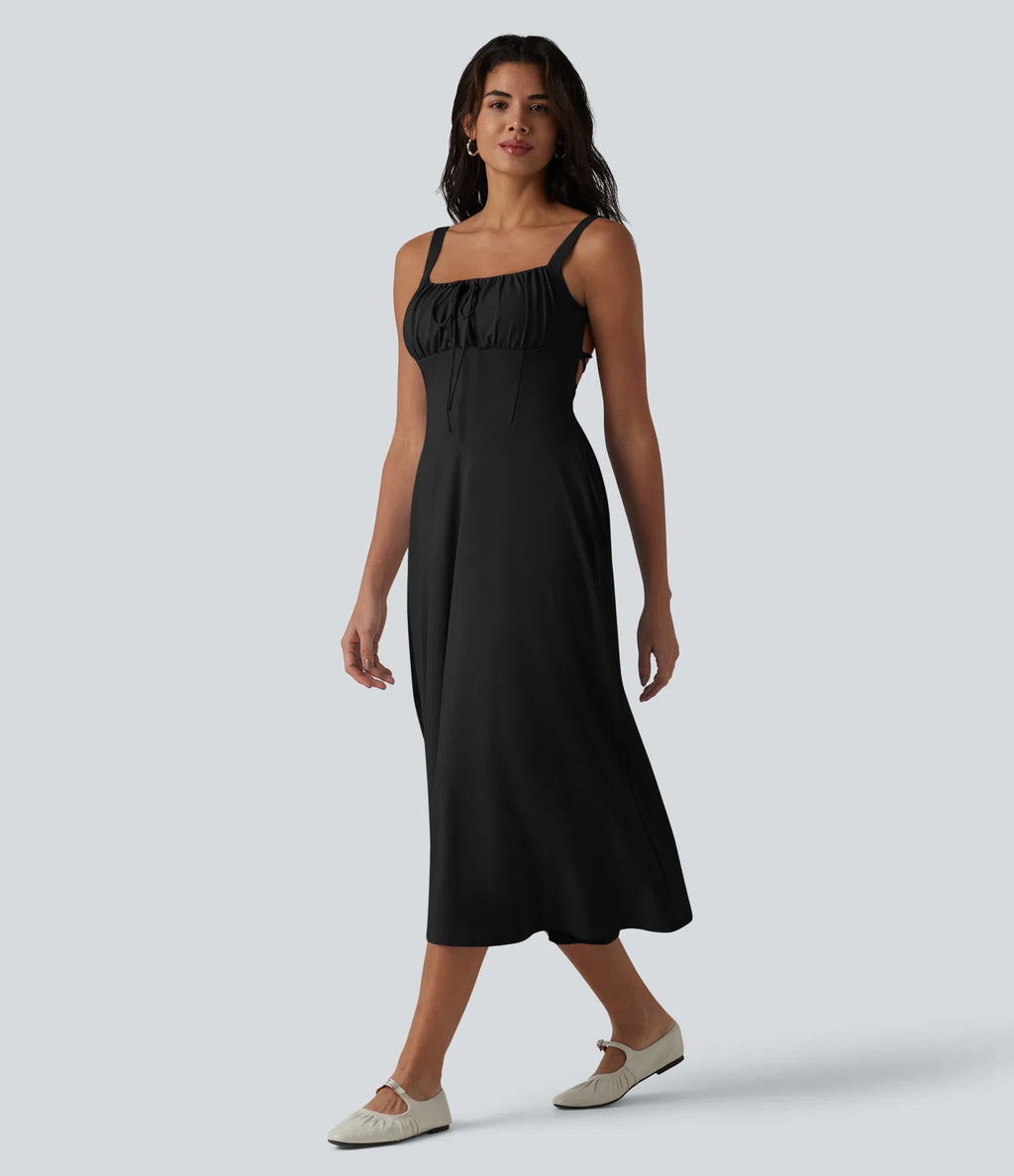 Vestido midi sin mangas, fruncido, con escote cuadrado, sostén integrado y diseño de espalda cruzada
