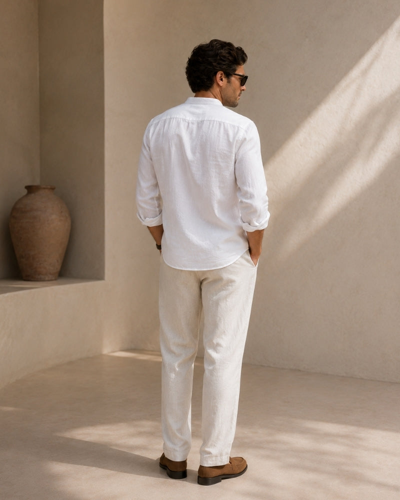 Men’s Mandarin Collar Shirt – Relaxed Fit Textured Cotton Shirt