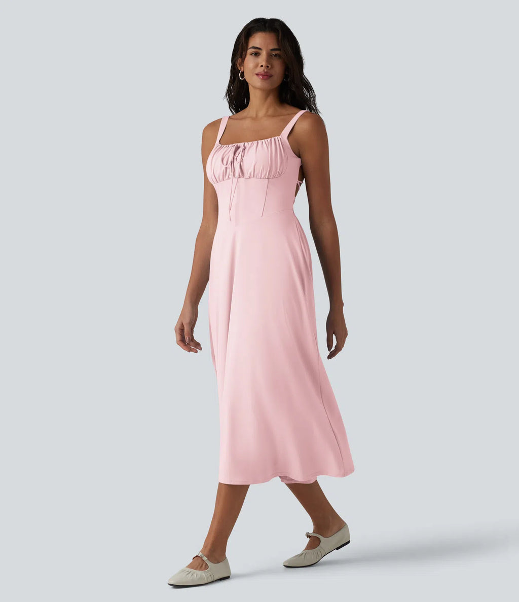 Vestido midi sin mangas, fruncido, con escote cuadrado, sostén integrado y diseño de espalda cruzada