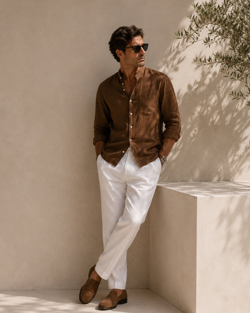 Men’s Mandarin Collar Shirt – Relaxed Fit Textured Cotton Shirt