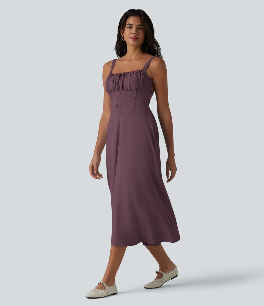 Vestido midi sin mangas, fruncido, con escote cuadrado, sostén integrado y diseño de espalda cruzada