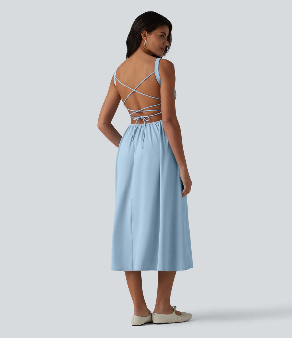 Vestido midi sin mangas, fruncido, con escote cuadrado, sostén integrado y diseño de espalda cruzada