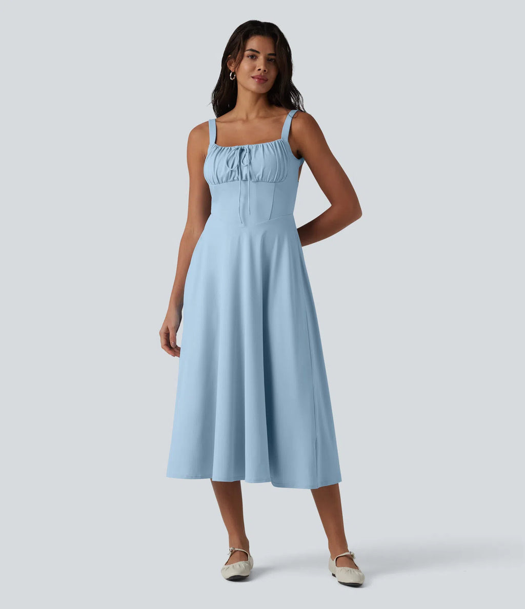 Vestido midi sin mangas, fruncido, con escote cuadrado, sostén integrado y diseño de espalda cruzada